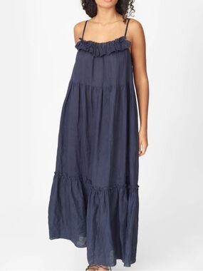 Araks Yasmin Midnight Blue Linen Sleeveless Tiered Maxi Dress Size 2
